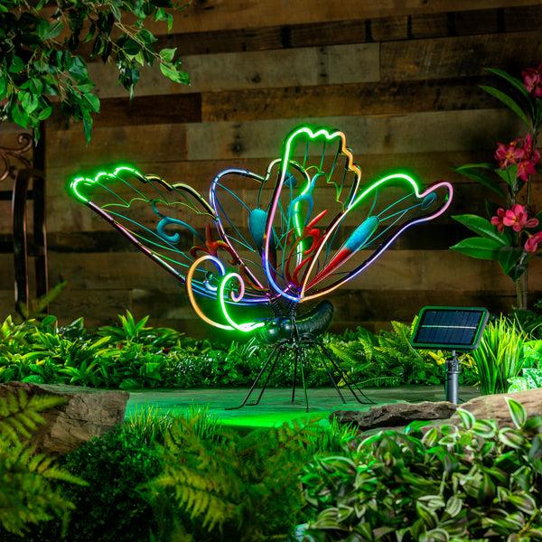 Plow & Hearth Animated Solar Butterfly Garden Statue With Neon Lights