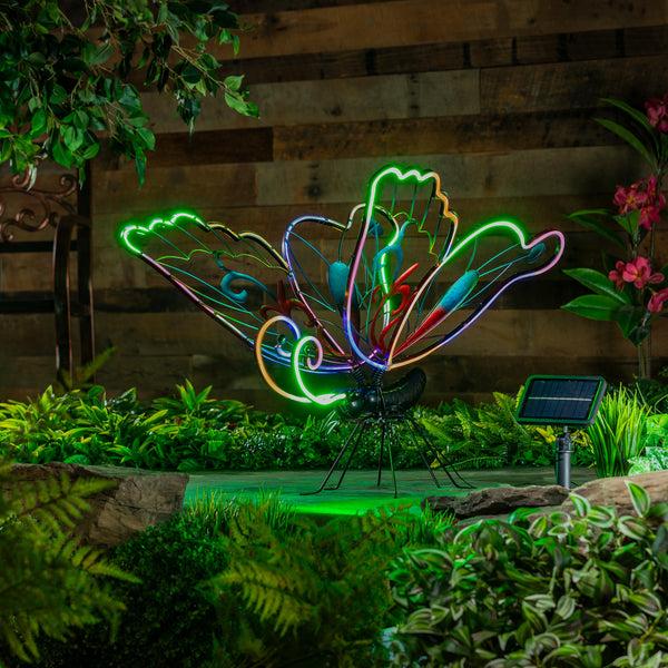 plow & hearth Animated Solar Butterfly Garden Statue with Neon Lights