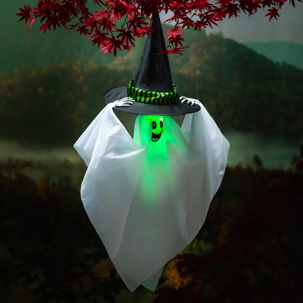 plow & hearth Animated Witch Hat Ghost with Color-Changing LED Lights and Sound Hanging Décor