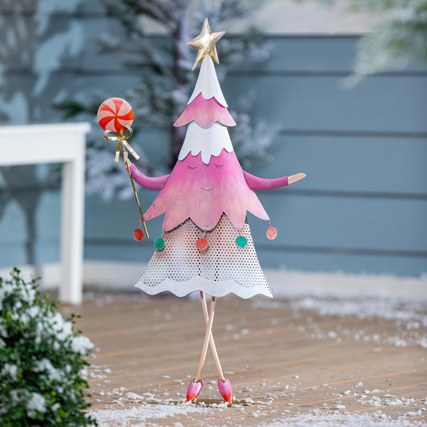 plow & hearth Baking Spirits Bright Garden Statue Metal Statue Pink Tree 28"H