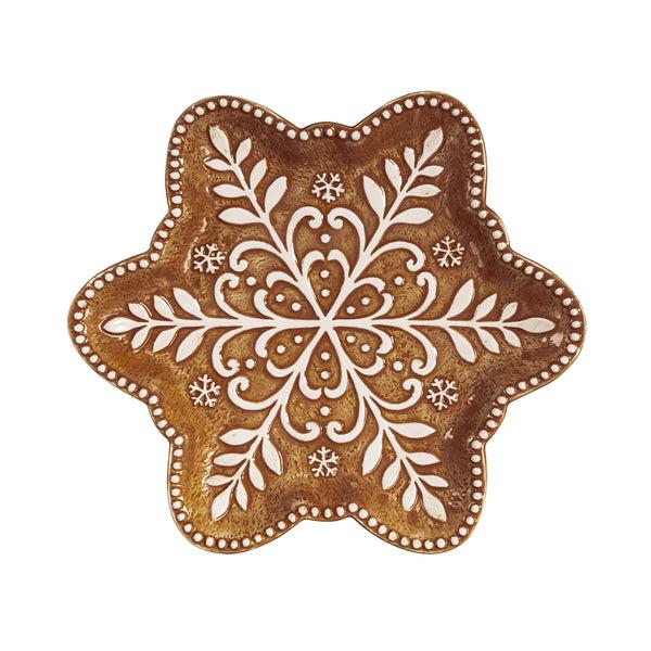 Plow & Hearth Baking Spirits Bright Gingerbread Snowflake Shaped 9" Embossed Ceramic Salad Plate Set Of 4