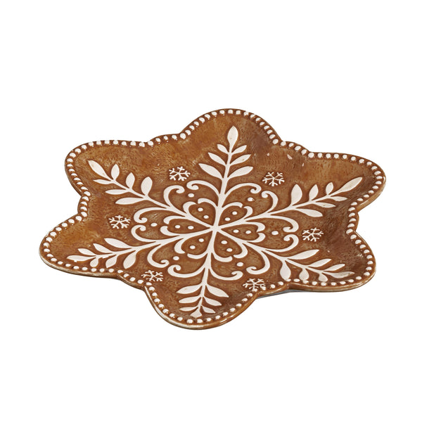 Plow & Hearth Baking Spirits Bright Gingerbread Snowflake Shaped 9" Embossed Ceramic Salad Plate Set Of 4