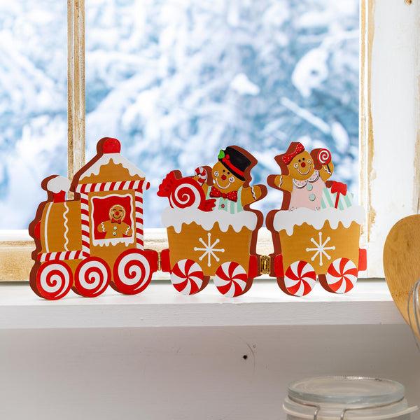 plow & hearth Baking Spirits Bright Table Décor Gingerbread Train Wood 11.25"L