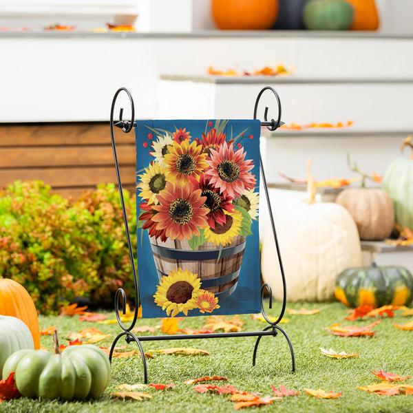 plow & hearth Barrel Of Blooms & Pumpkins Burlap Garden Flag