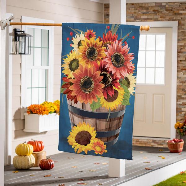Plow & Hearth Barrel Of Blooms & Pumpkins Burlap House Flag