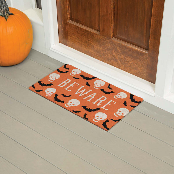 plow & hearth Be Ware Spooky PVC Trapper Doormat 28"x16"