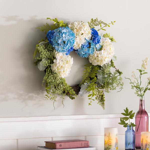 Plow & Hearth Blue And White Faux Hydrangea Wreath With Greenery
