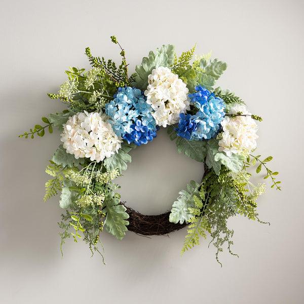 plow & hearth Blue and White Faux Hydrangea Wreath with Greenery