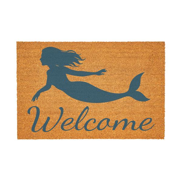 Plow & Hearth Blue Coastal Coral Sea Coir Mat Mermaid "Welcome" 36"x24"