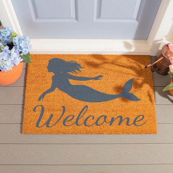 plow & hearth Blue Coastal Coral Sea Coir Mat Mermaid "Welcome" 36"x24"