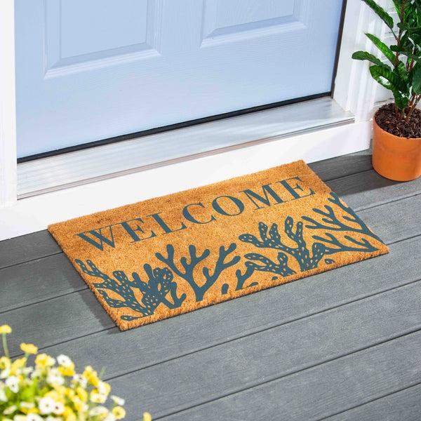 plow & hearth Blue Coastal Coral Sea Coir Mat "Welcome" 28"x16"
