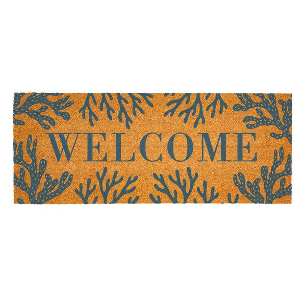 Plow & Hearth Blue Coastal Coral Sea Coir Mat "Welcome" 60"x24"
