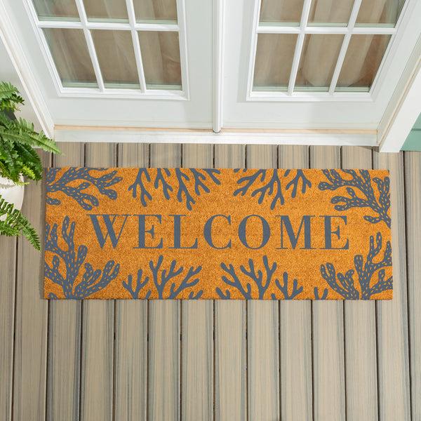 plow & hearth Blue Coastal Coral Sea Coir Mat "Welcome" 60"x24"