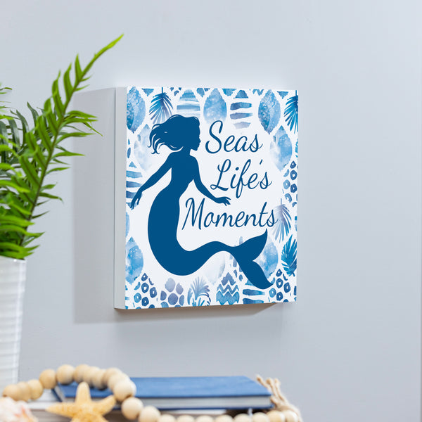plow & hearth Blue Coastal Coral Sea Indoor Wall Décor Wood Mermaid "Seas Life's Moments" 12"x12"