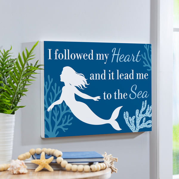 plow & hearth Blue Coastal Coral Sea Indoor Wall Décor Wood Mermaid "Heart" 24"x16"