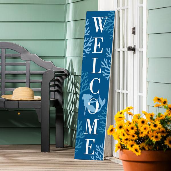 plow & hearth Blue Coastal Coral Sea Porch Leaner Mermaid "Welcome" 46"H