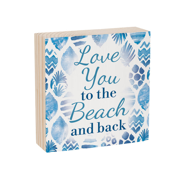 Plow & Hearth Blue Coastal Coral Sea Sign Wood Block "Love You To The Beach And Back" 6"x6"