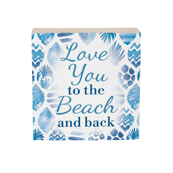 Plow & Hearth Blue Coastal Coral Sea Sign Wood Block "Love You To The Beach And Back" 6"x6"