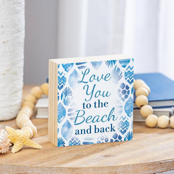 plow & hearth Blue Coastal Coral Sea Sign Wood Block "Love You To The Beach And Back" 6"x6"