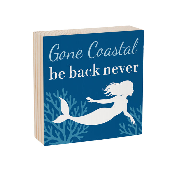 Plow & Hearth Blue Coastal Coral Sea Sign Wood Block Mermaid "Gone Coastal" 6"x6"