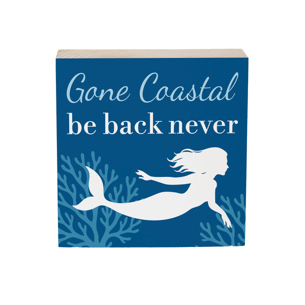 Plow & Hearth Blue Coastal Coral Sea Sign Wood Block Mermaid "Gone Coastal" 6"x6"