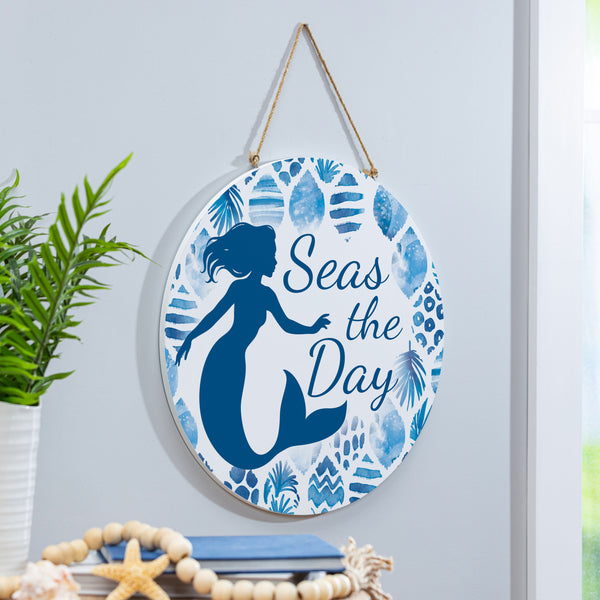 Plow & Hearth Blue Coastal Coral Sea Wood Door Décor Mermaid "Seas The Day" 18"