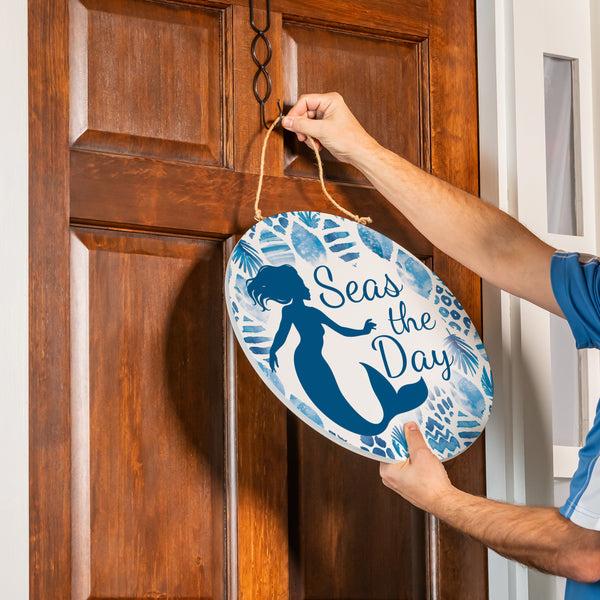 Plow & Hearth Blue Coastal Coral Sea Wood Door Décor Mermaid "Seas The Day" 18"