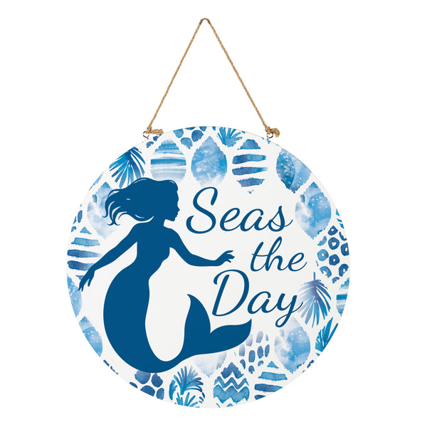 Plow & Hearth Blue Coastal Coral Sea Wood Door Décor Mermaid "Seas The Day" 18"