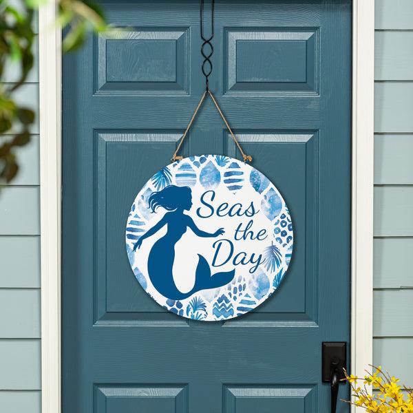 plow & hearth Blue Coastal Coral Sea Wood Door Décor Mermaid "Seas The Day" 18"