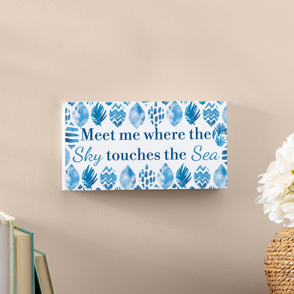 Plow & Hearth Blue Coastal Coral Sea Wood Hanging Sign W/ Rope "Meet Me Where The Sky Touches The Sea" 11"x6"