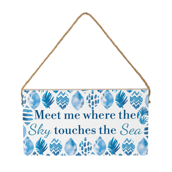 Plow & Hearth Blue Coastal Coral Sea Wood Hanging Sign W/ Rope "Meet Me Where The Sky Touches The Sea" 11"x6"