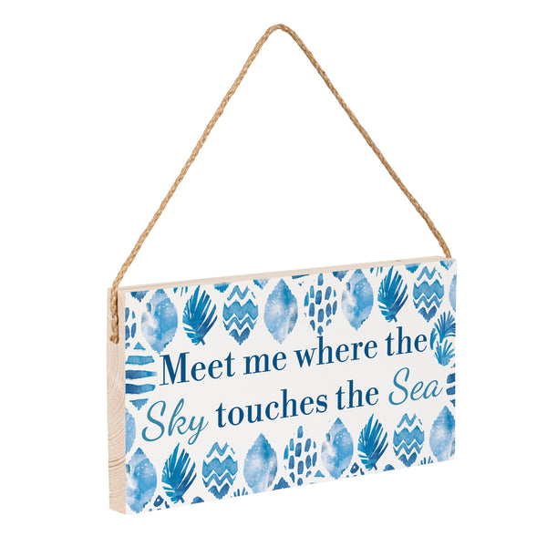 Plow & Hearth Blue Coastal Coral Sea Wood Hanging Sign W/ Rope "Meet Me Where The Sky Touches The Sea" 11"x6"