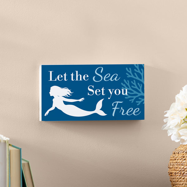 Plow & Hearth Blue Coastal Coral Sea Wood Hanging Sign W/ Rope Mermaid "Let The Sea Set You Free" 11"x6"