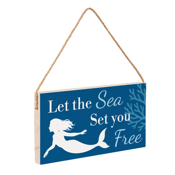 Plow & Hearth Blue Coastal Coral Sea Wood Hanging Sign W/ Rope Mermaid "Let The Sea Set You Free" 11"x6"
