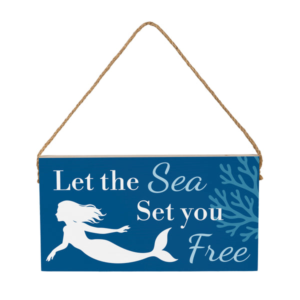 Plow & Hearth Blue Coastal Coral Sea Wood Hanging Sign W/ Rope Mermaid "Let The Sea Set You Free" 11"x6"