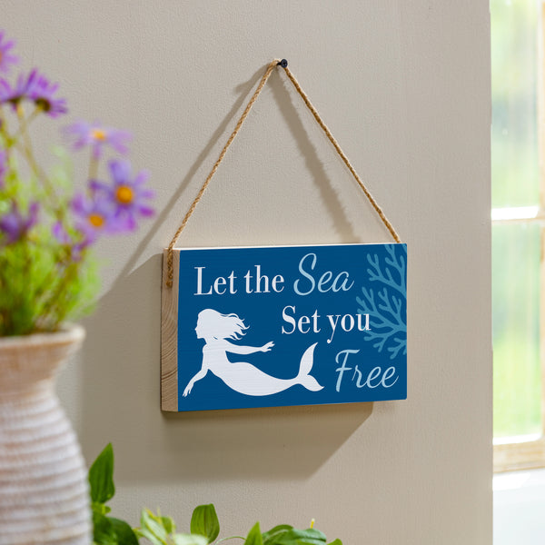 plow & hearth Blue Coastal Coral Sea Wood Hanging Sign w/ Rope Mermaid "Let The Sea Set You Free" 11"x6"