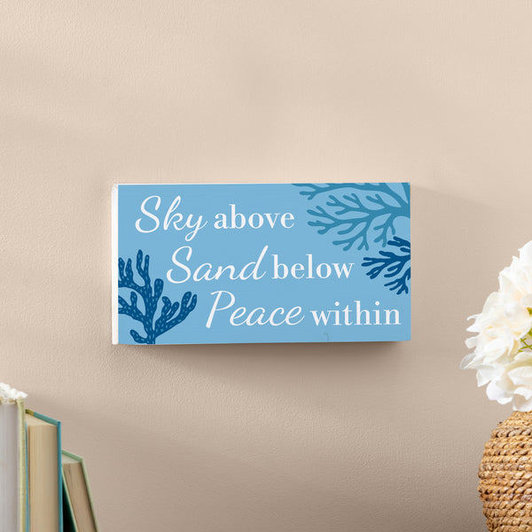 Plow & Hearth Blue Coastal Coral Sea Wood Hanging Sign W/ Rope "Sky Above Sand Below Peace Within" 11"x6"