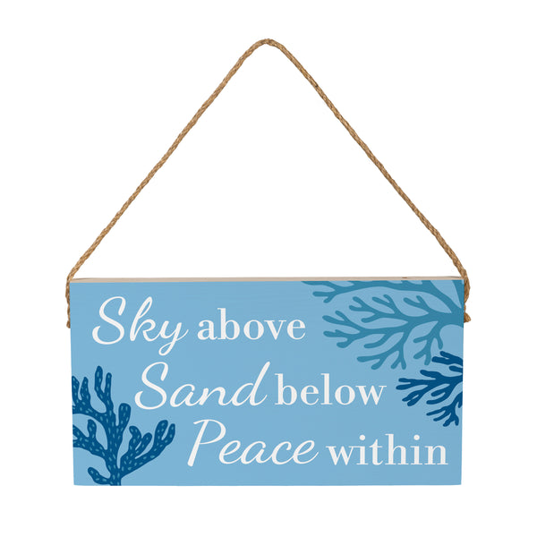 Plow & Hearth Blue Coastal Coral Sea Wood Hanging Sign W/ Rope "Sky Above Sand Below Peace Within" 11"x6"