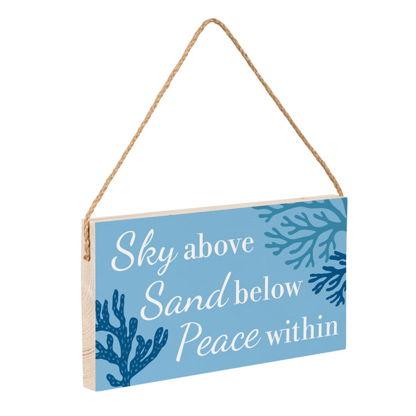 Plow & Hearth Blue Coastal Coral Sea Wood Hanging Sign W/ Rope "Sky Above Sand Below Peace Within" 11"x6"
