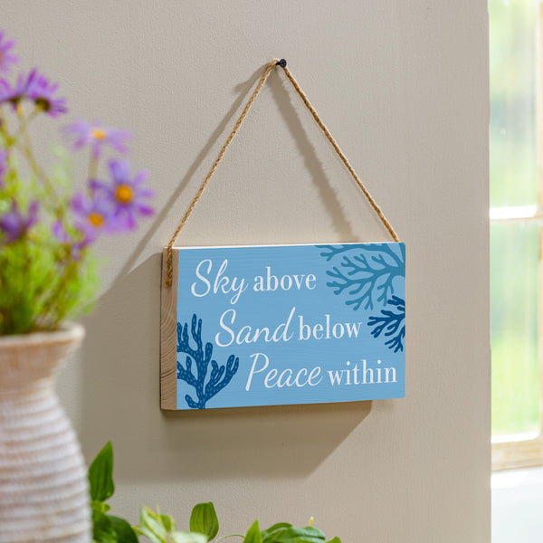 plow & hearth Blue Coastal Coral Sea Wood Hanging Sign w/ Rope "Sky Above Sand Below Peace Within" 11"x6"