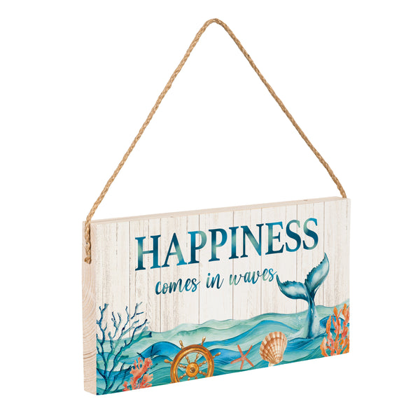 Plow & Hearth Blue Coastal Garden Decor Hanging Sign Happiness 11" L X 6" H