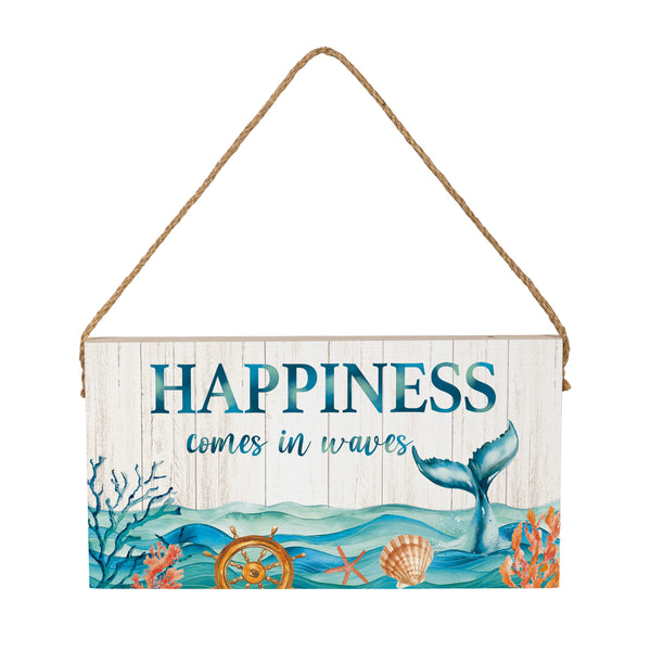 Plow & Hearth Blue Coastal Garden Decor Hanging Sign Happiness 11" L X 6" H