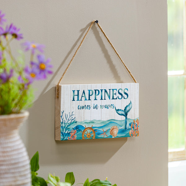 plow & hearth Blue Coastal Garden Decor Hanging Sign Happiness 11" L x 6" H