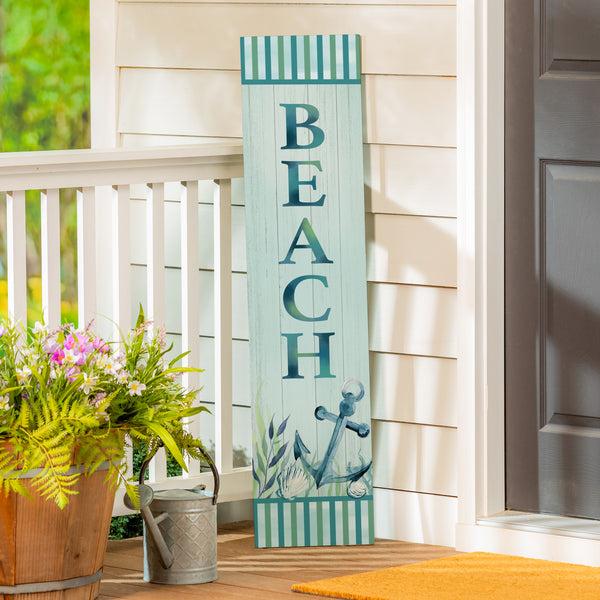 Plow & Hearth Blue Coastal Garden Decor Porch Leaner "BEACH" 10.75" L X 46" H