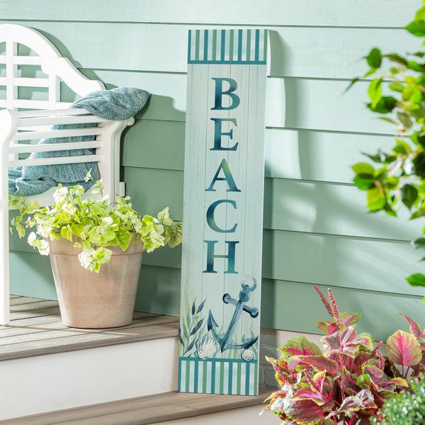 plow & hearth Blue Coastal Garden Decor Porch Leaner "BEACH" 10.75" L x 46" H