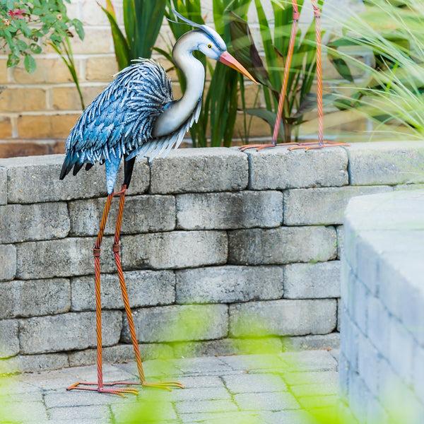 plow & hearth Blue Coastal Garden Statue Metal Grey Heron 33"H