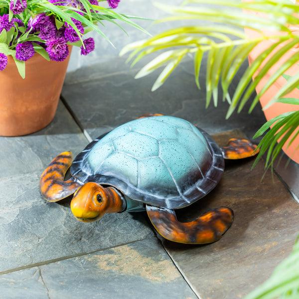 plow & hearth Blue Coastal Garden Statue Metal Vivid Sea Turtle Garden Statue 4"H