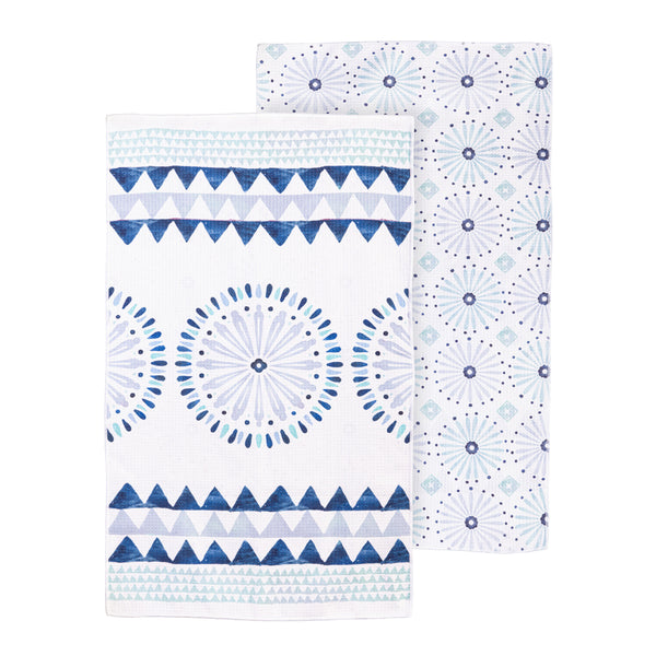 Plow & Hearth Blue Coastal Kitchen Towel Quick Dry Waffle Weave Double-Sided Shibori 30"L X 18"W