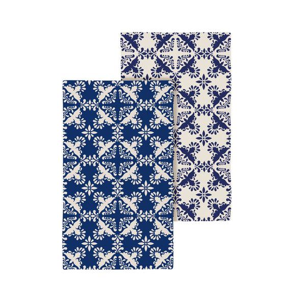 plow & hearth Blue Coastal Kitchen Towel Quick Dry Waffle Weave Double-Sided Clay Birds 30"L x 18"W