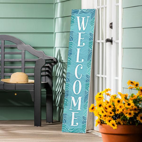 plow & hearth Blue Coastal Make Waves Porch Leaner "Welcome" 46"H